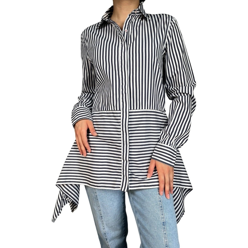 CH Carolina Herrera Striped Asymmetrical Hem Button Down Blouse Sz 8